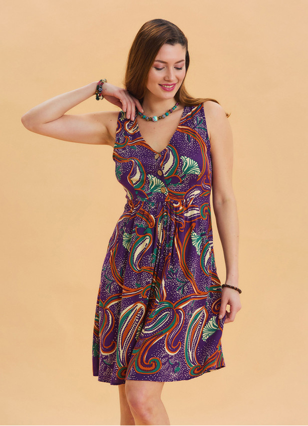 V Neck Button Detail Sleeveless Purple Bohemian Dress 4579